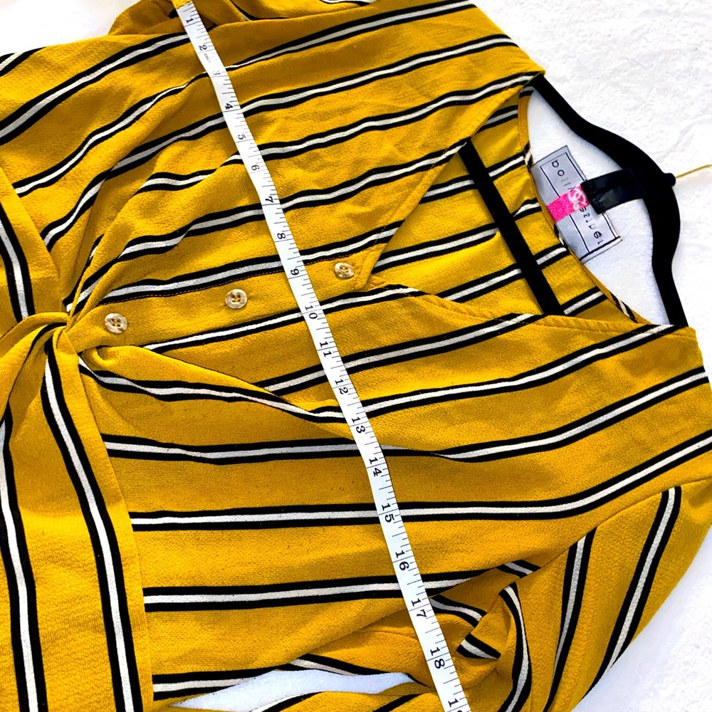 Polly & Esther Yellow Women’s Striped V Neck Blouse with Subtle Buttons Sleeves - Picture 6 of 6